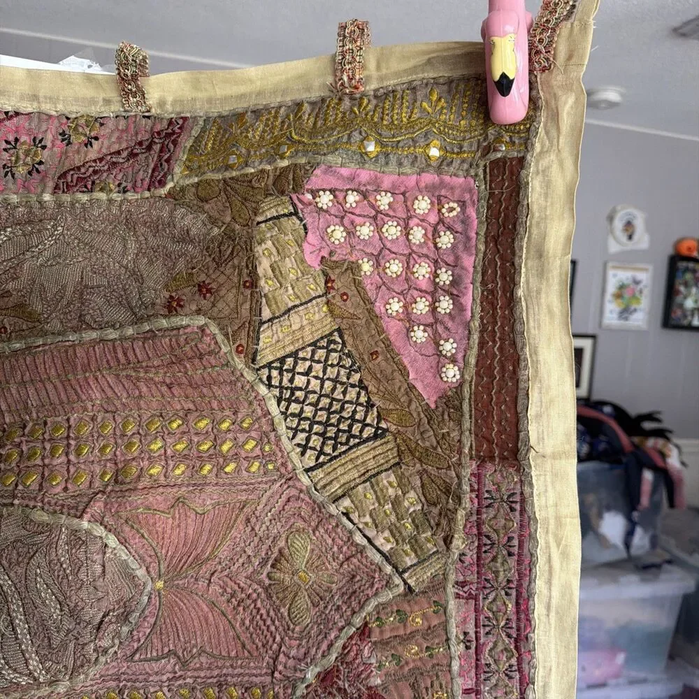 Vtg Indian Sari Patchwork Tapestry Wall Hanging Embroidered Zari Mirror 47x25